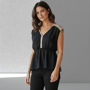 Dots Sheer Black Vneck Blouse With Crochet Trim